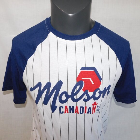Molson Canadian Beer Mens M Short Sleeve Raglan Baseball Shirt Blue White - Picture 2 of 10
